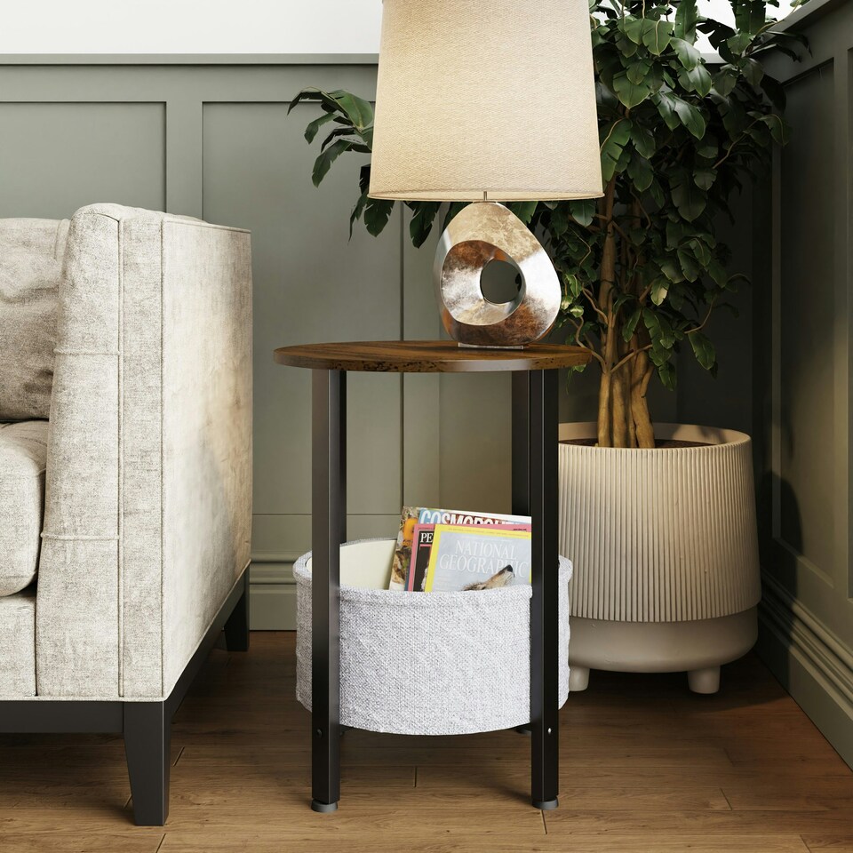image 1 of Industrial Design Side Table With Cream Fabric Storage Base N/A