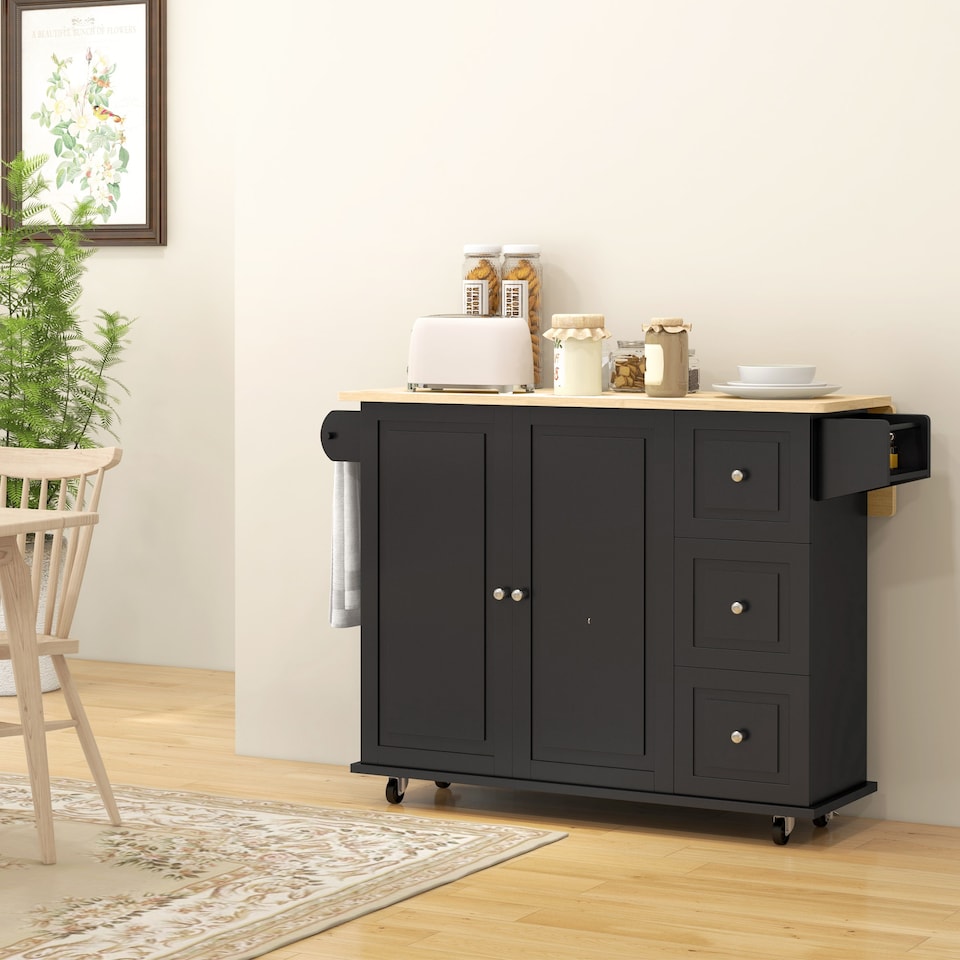 image 1 of HOMCOM Kitchen Island on Wheels, Kitchen Cart with Drop Leaf, Black