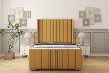 Sloomy Hargrave Mustard Plush Bed Frame With Mattress With 50" Upholstered Wingback Headboard 4'6 Double