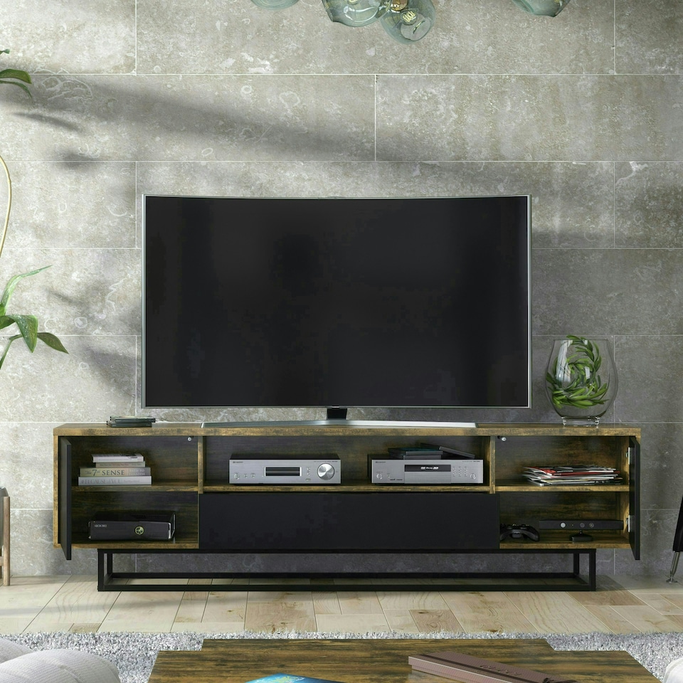 image 1 of TV Unit 200cm Rustic Industrial Oak with Black Doors and Metal Frame | Brown | Black | One Size | 1