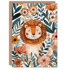 Cute Lion in Tropical Jungle Flowers Watercolour Birthday Card