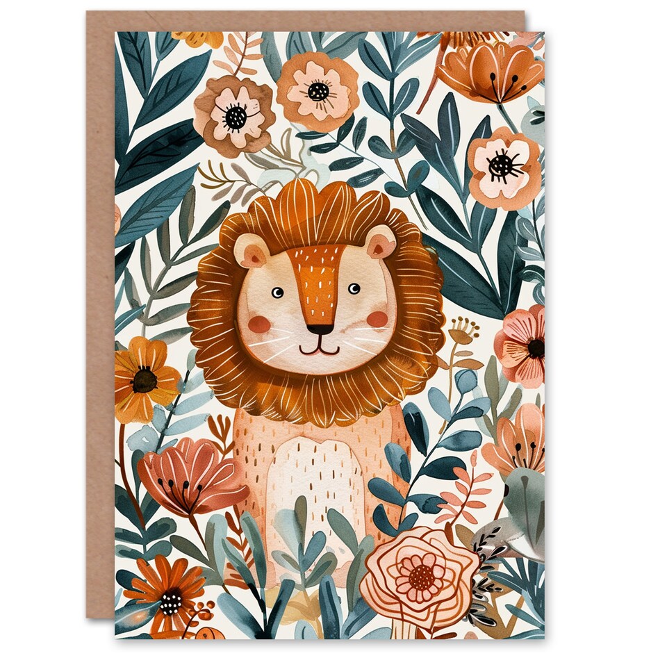 image 1 of Cute Lion in Tropical Jungle Flowers Watercolour Birthday Card