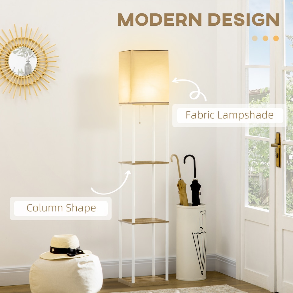 image 1 of HOMCOM Modern Floor Lamp with Shelves, 3 Layer Shelf Tall Standing Lamp with Fabric Lampshade, Pull Chain Switch for Living Room, Bedroom, Bulb not Included, White