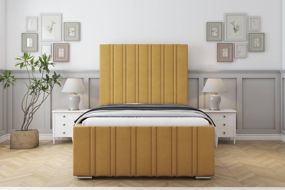 image 1 of Sloomy Radcliffe Mustard Plush Bed Frame With 50" Upholstered Headboard 2'6 Small Single