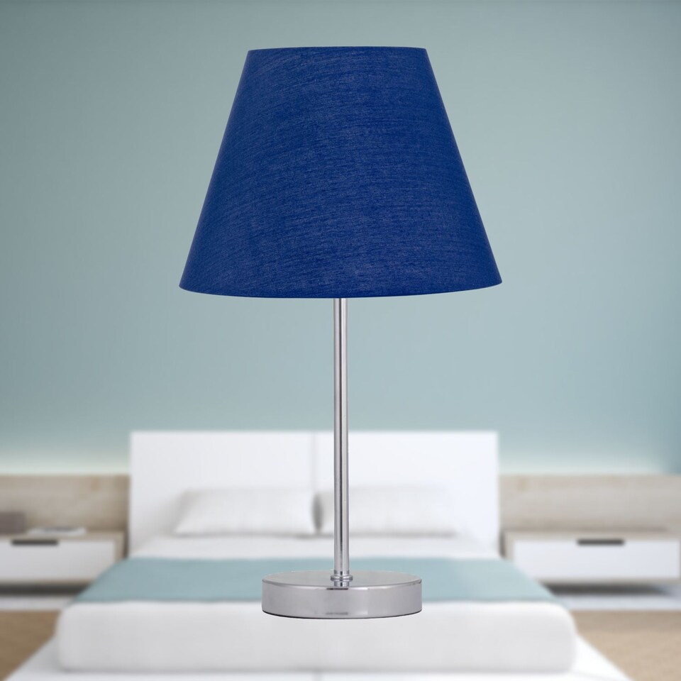 image 1 of Set of 2 Chrome Touch Operated Table Lamps with Navy Blue Shades