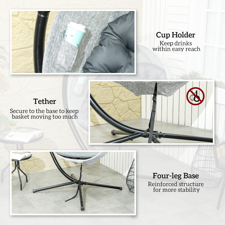 image 1 of Outsunny Hanging Egg Chair Outdoor Indoor Garden Swing Chair with Folding Basket, Thickened Cushion, Cup Holder for Patio, Balcony, Grey | Grey | Grey