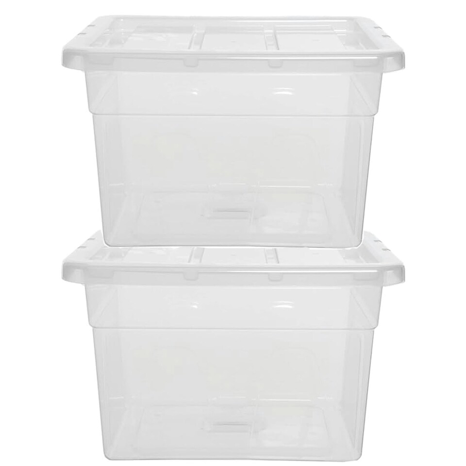 image 1 of 2 x Clear Plastic Stackable Transparent Storage Boxes 22 Litre Complete With Lids Clear