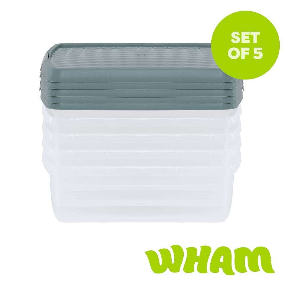 image 1 of Wham Clip 5x 13.2L Square Plastic Storage Boxes with Clip Lock Lids. Ideal for Home, Office, Toys & More - Clear/Green Milieu | Green | Green Milleu | 5
