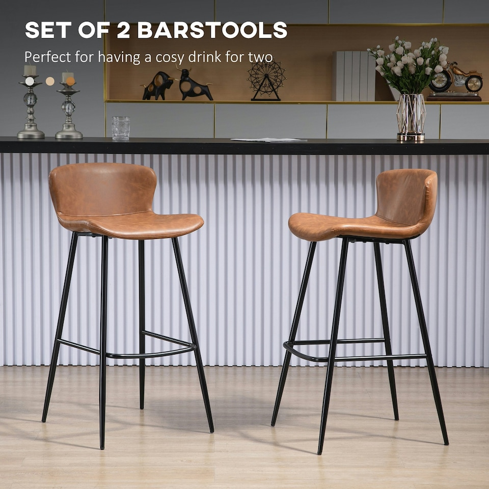 image 1 of HOMCOM Bar Stools Set of 2, PU Leather Bar Chairs with Back and Steel Legs