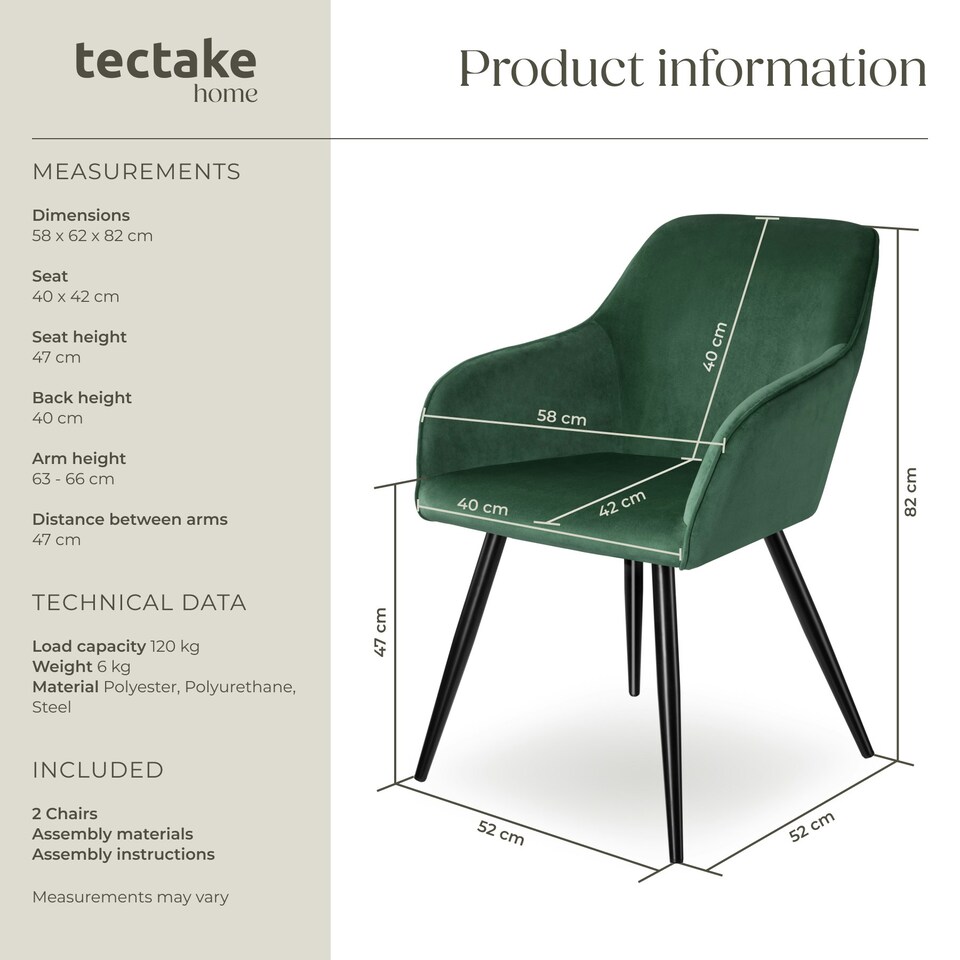 image 1 of Dining Chair Marilyn - with armrests, padded, velvet look, black steel legs - Set of 2 Green | Dark Green/Black