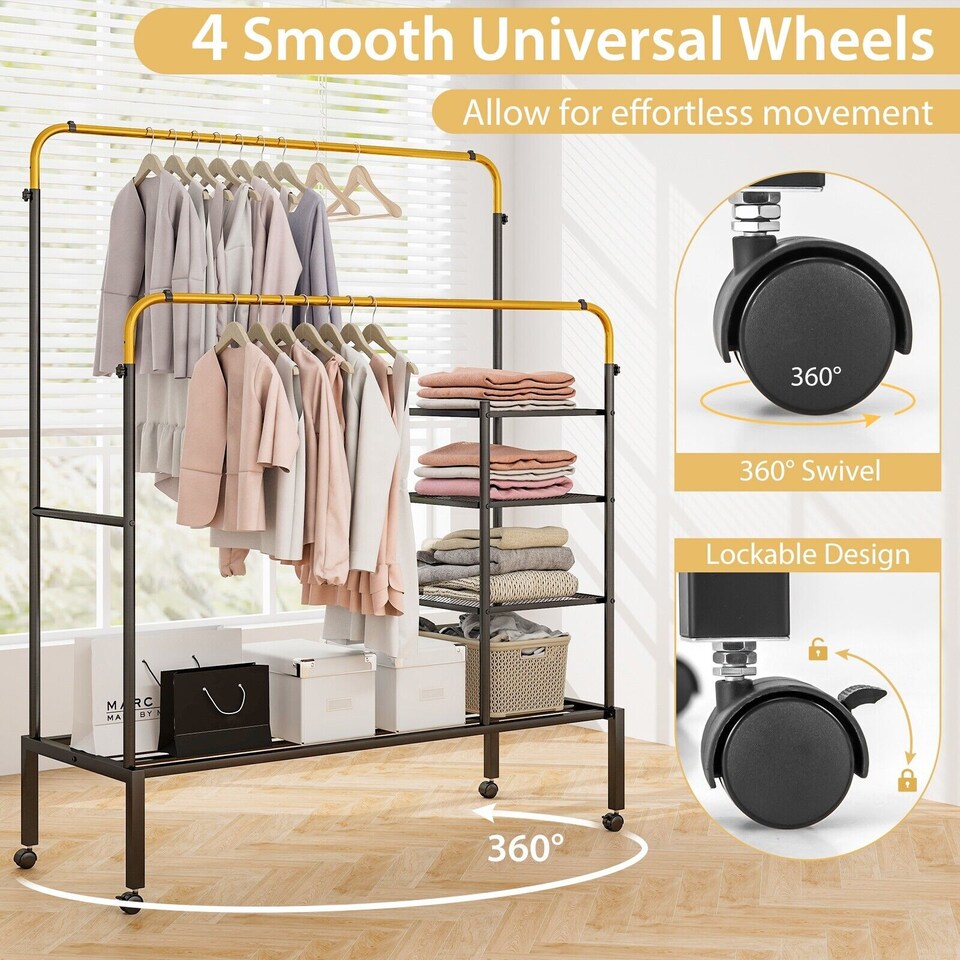 image 1 of COSTWAY Rolling Clothes Drying Rack Adjustable Double Rods Garment Rack Golden
