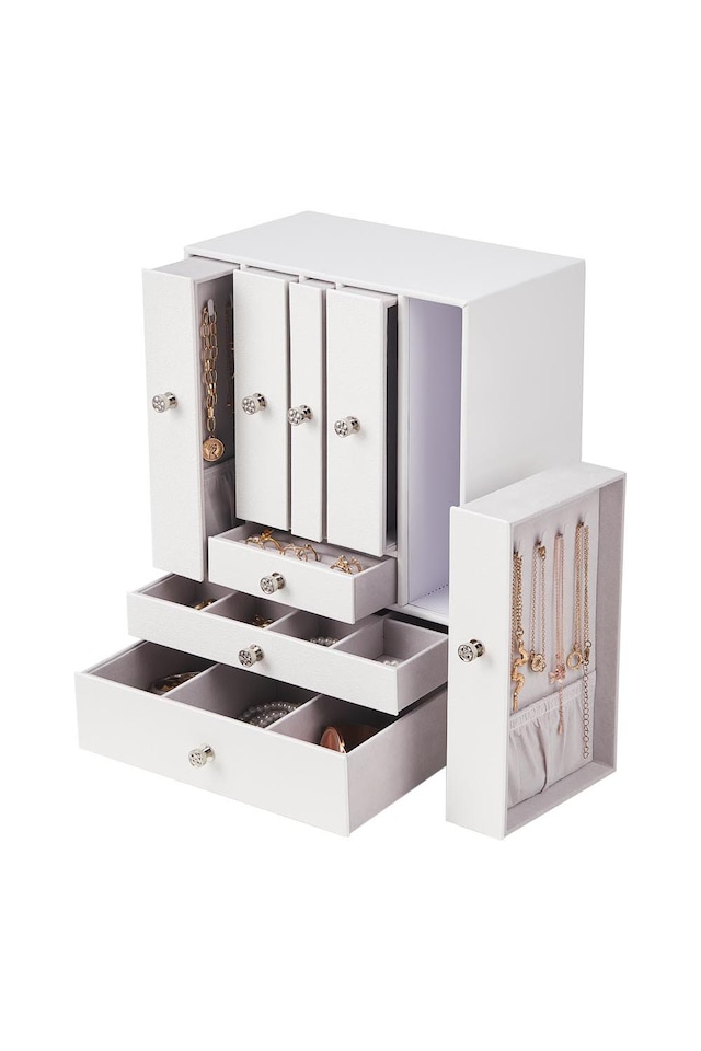 image 1 of Living and Home Free Standing Faux Leather Jewellery Box | White
