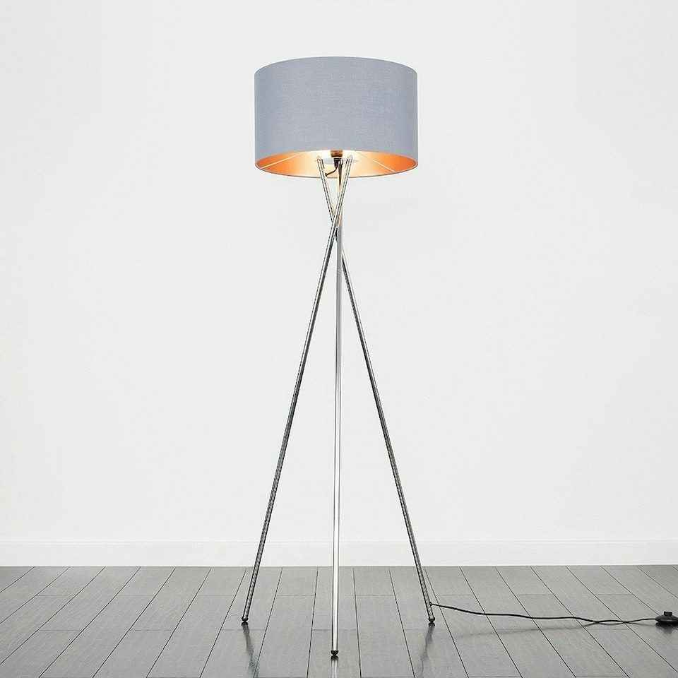image 1 of ValueLights Camden Chrome Tripod Floor Lamp Grey & Copper Shade & Bulb | Copper