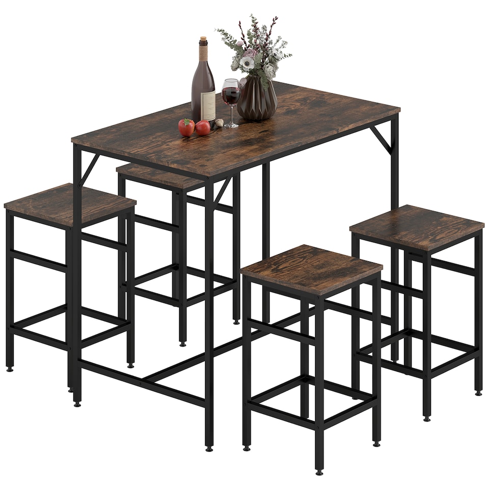 image 1 of HOMCOM 5-Piece Breakfast Bar Table and Stools Set, Kitchen Bar Table Set with High Table and 4 Stools, Space Saving Compact Dining Furniture for Small Spaces, Rustic Brown