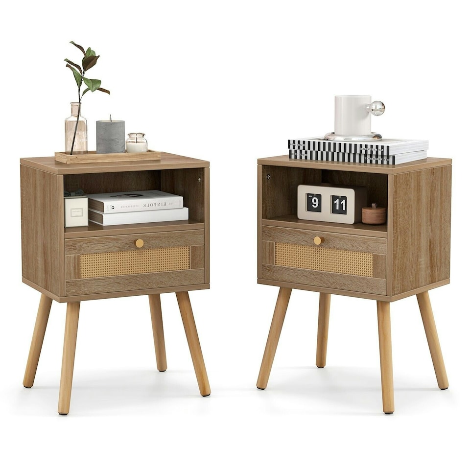 image 1 of COSTWAY 2 Pcs Rattan Nightstand Compact Bedside Table Brown