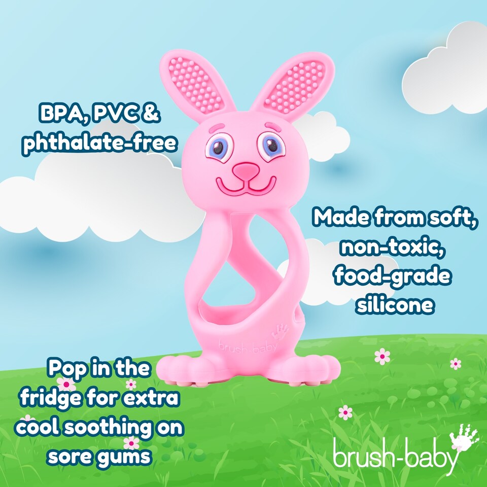 image 1 of Brush Baby Bobbie Bunny Baby Teether Toy Rose Pink | Twist & Bounce Teething Toy