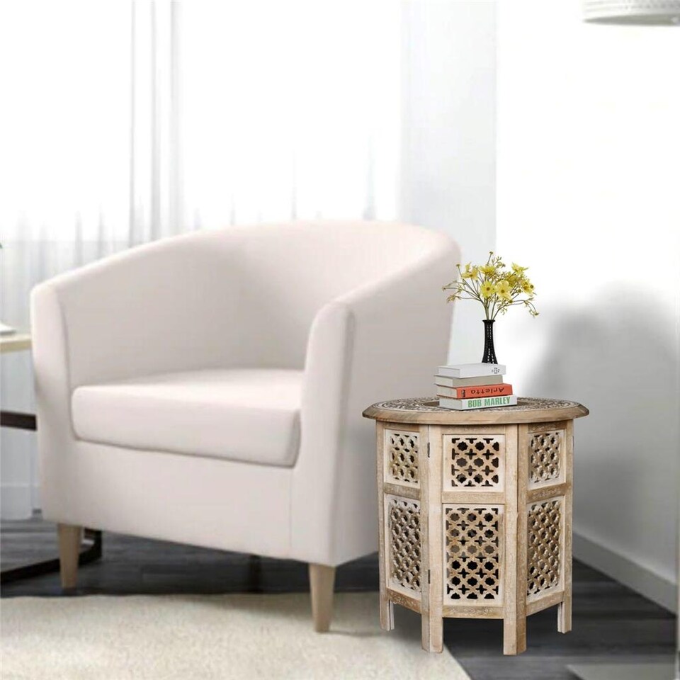 image 1 of Antique Effect Round Carved Wooden Bedside Lamp Table Side End Coffee Table Extra Large 54 x 54 x 54 cm | Yellow | Beige