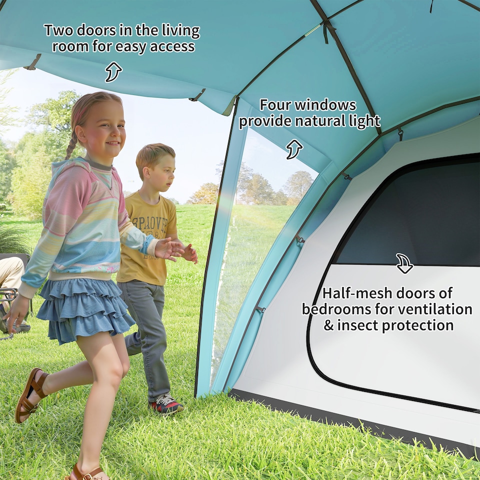 image 1 of Outsunny 4-6 Man Family Camping Tent with 2 Bedrooms, a Living Room | Blue | Blue