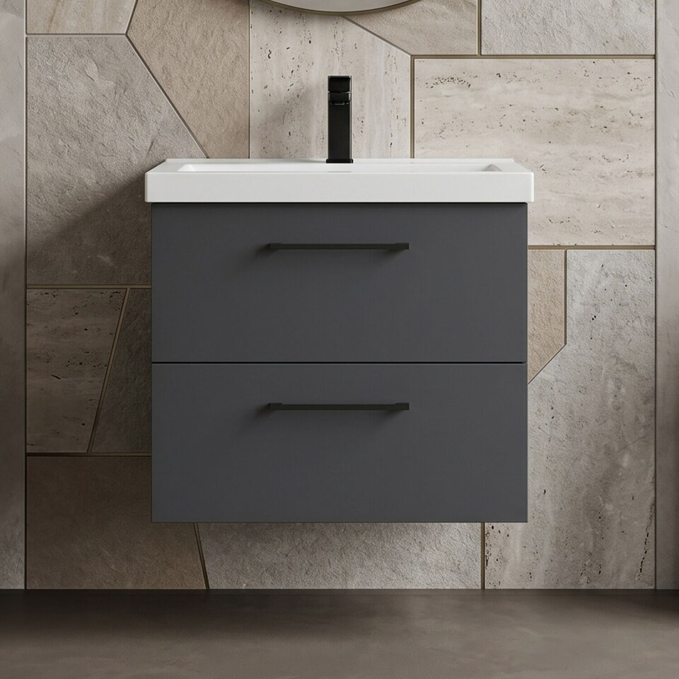 image 1 of Balterley Wall Hung Bathroom 2 Drawer Vanity Unit and 1 Tap Hole Ceramic Basin, with Handles | Grey | Soft Black