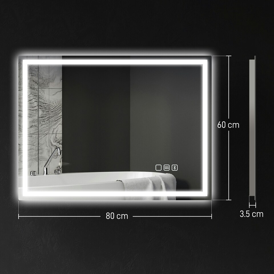 image 1 of HOMCOM 600 x 800 mm Bathroom Mirror with Bluetooth Lights Demister Pad Silver