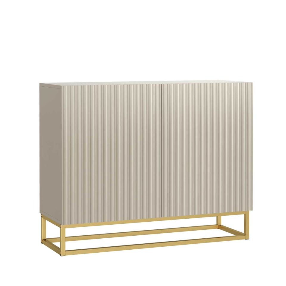 image 1 of Sideboard Cabinet Storage Cupboard Fluted Doors Cashmere Matt Gold Metal Legs Living Dining Room Hallway Furniture 100cm