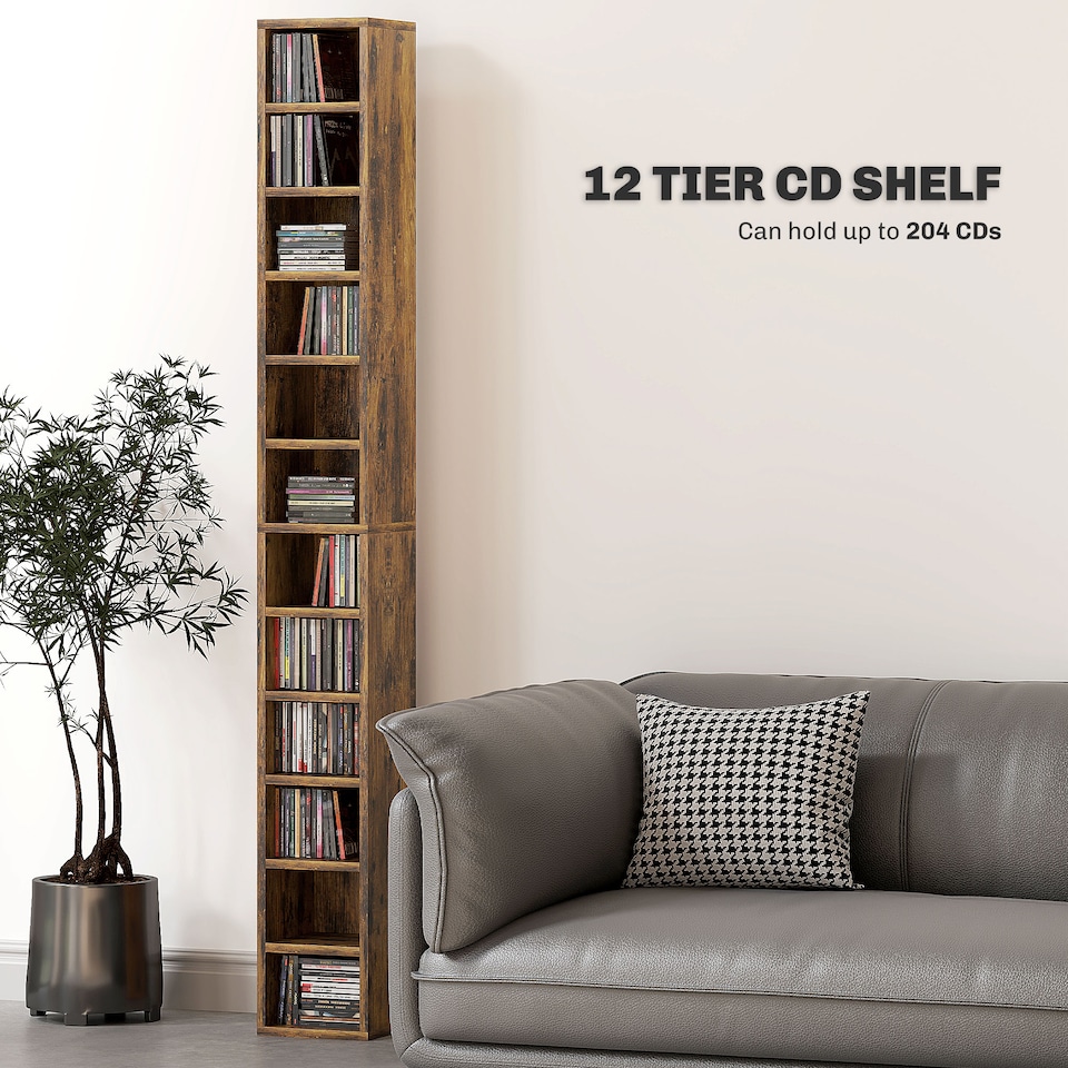 image 1 of HOMCOM 204 CD Storage Unit, Storage Tower with 12 Cubes, 175cm Tall Bookcase for Living Room, Home Office, Study Room, Rustic Brown