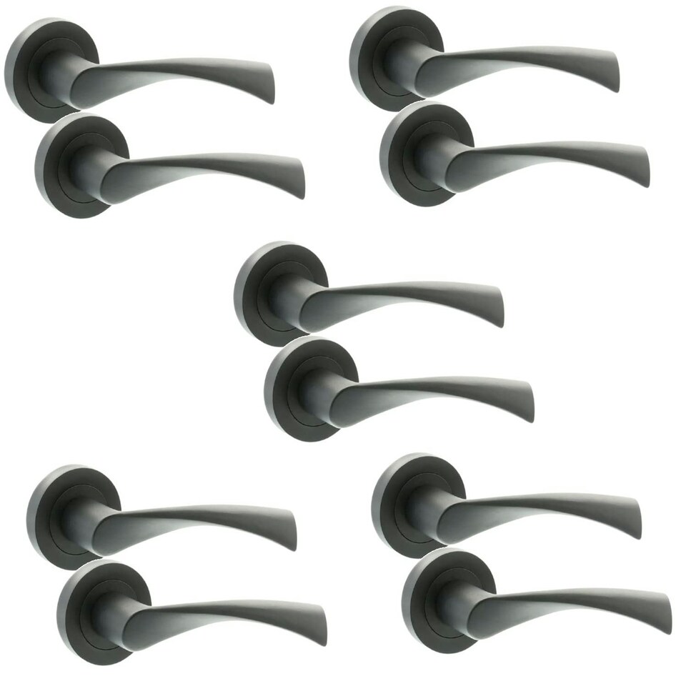 image 1 of Golden Grace 5 Pairs Astrid Twist Design Door Handles on Round Rose in Matt Black Finish Black