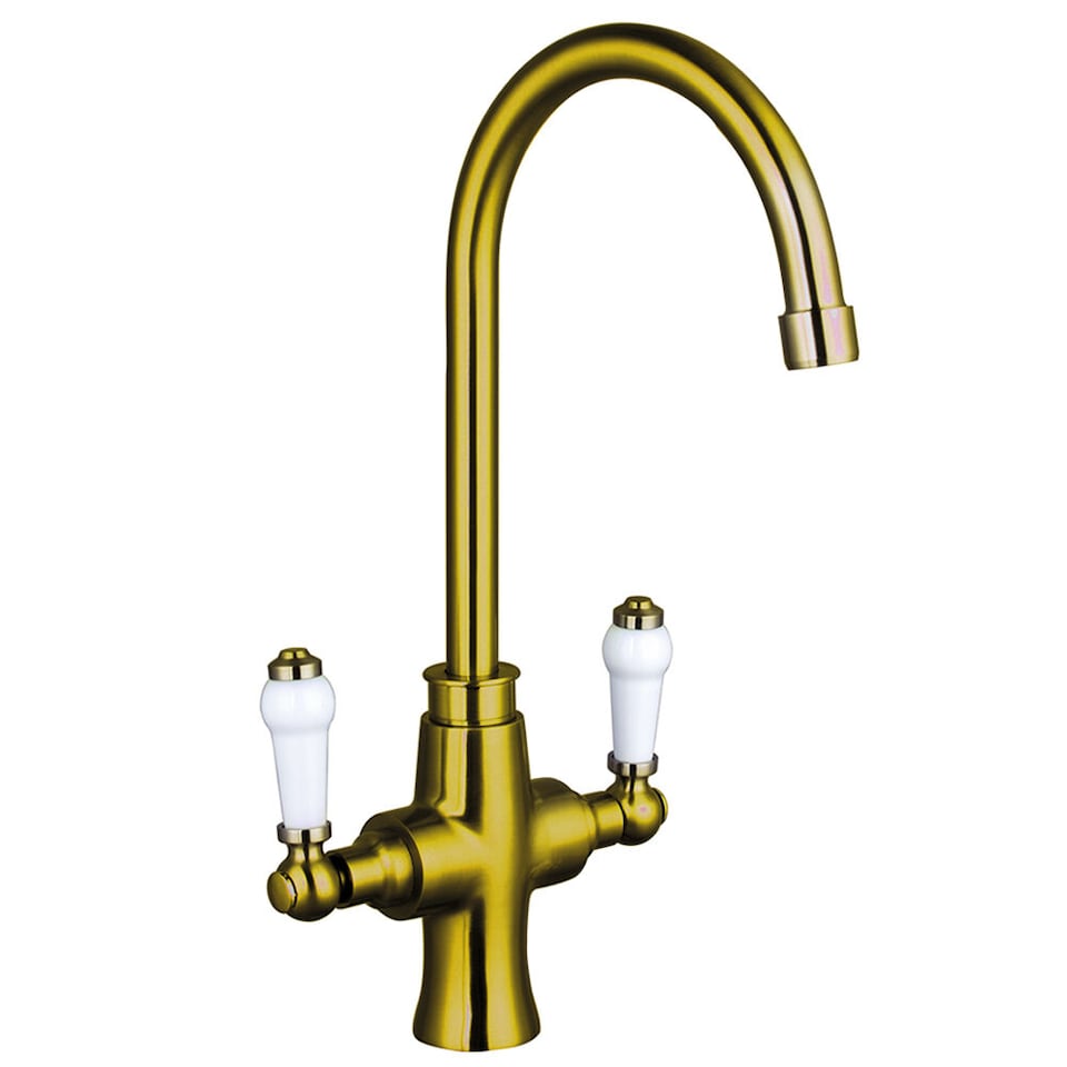 image 1 of Balterley Traditional Curve Spout Lever Handle Dual Handle Kitchen Mixer Tap - Kitchen Basin Tap | Gold | Brushed Gold