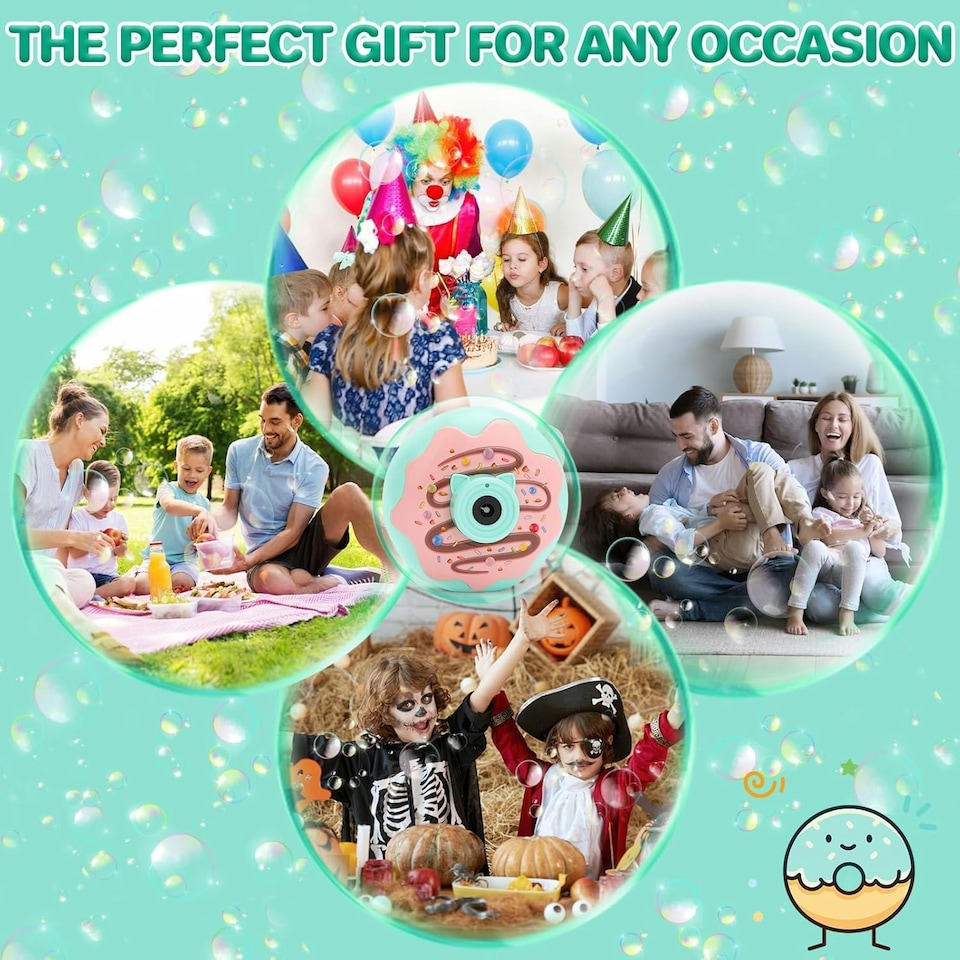 image 1 of Donut Bubble Camera for Kids - Automatic Bubble Gun with Lights and Music – Fun Outdoor Bubble Machine for Birthdays and Parties (Green/Pink)
