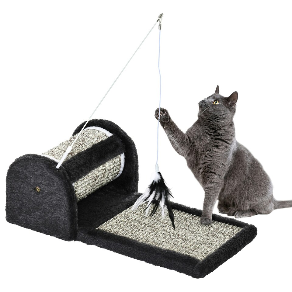 image 1 of PawHut Cat Scratcher Sisal Board with Roller Feather Toy, Grey