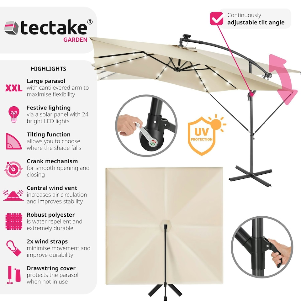 image 1 of Parasol Sunna - 250 x 250 cm with LED solar lighting, with protective cover Cream | Beige