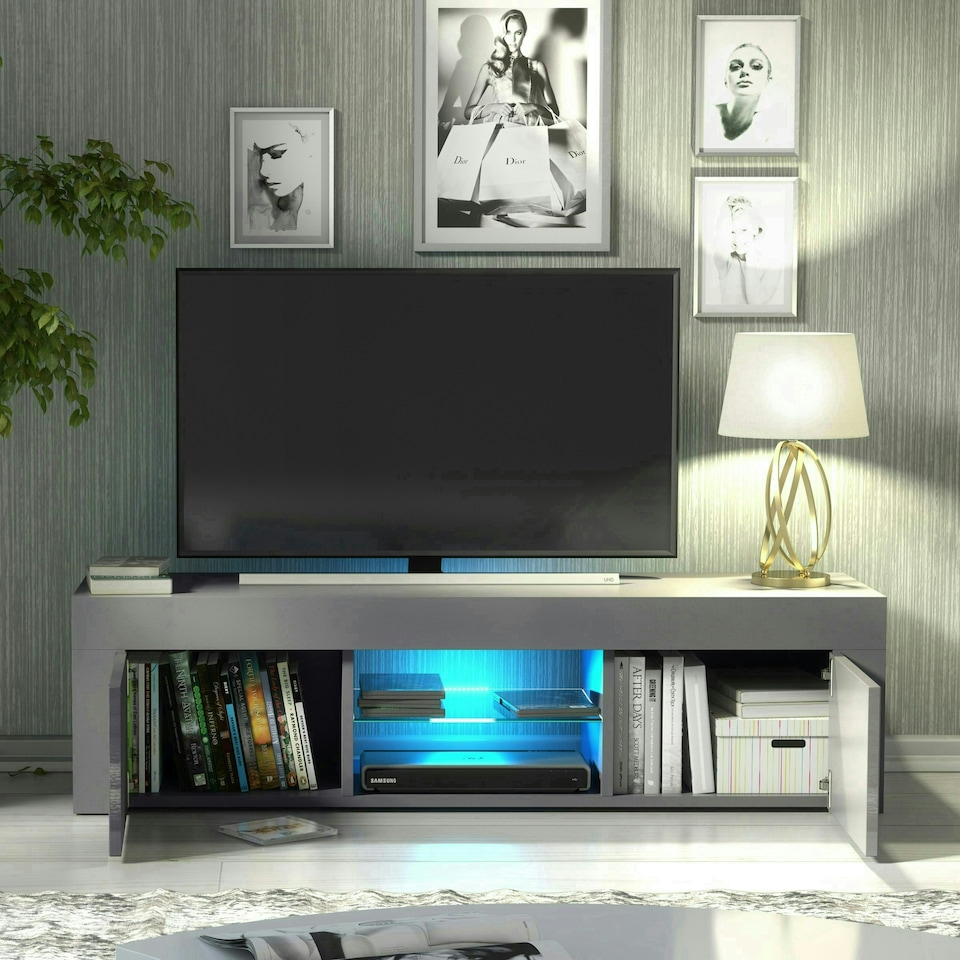 image 1 of TV Unit 130cm Grey Gloss Doors Grey Matt Body Modern Cabinet | Grey | One Size | 1
