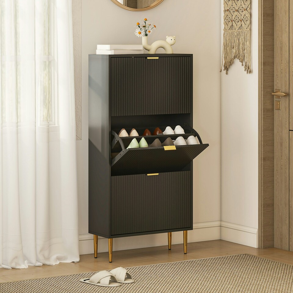 image 1 of HOMCOM Slim Shoe Storage Cabinet with 3 Flip Drawers for Hallway White | Gold | 60W x 24D x 128H cm