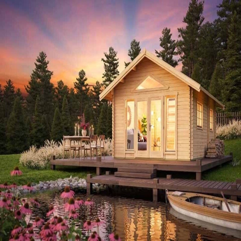 image 1 of Caroline 2 + Window set 2-Log Cabin, Wooden Garden Room, Timber Summerhouse, Home Office - L675 x W489.9 x H330.6 cm Brown