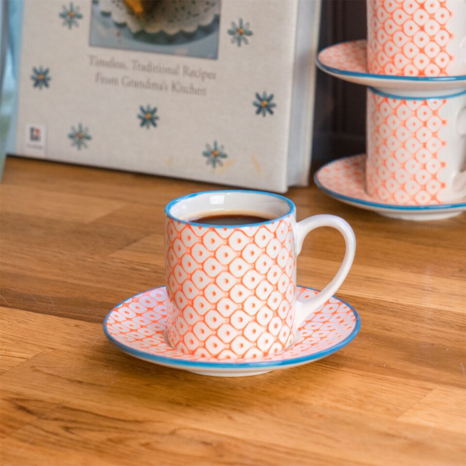 image 1 of Nicola Spring 12 Piece Hand-Printed Espresso Cup & Saucer Set - 65ml - Orange | Orange | Orange | 12