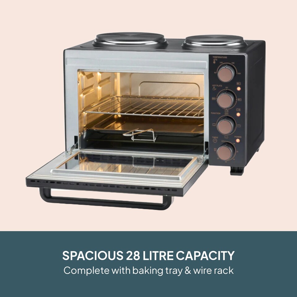 image 1 of Cooks Professional 28L Mini Oven with 2 Hobs - Electric Multifunction Countertop Cooker | Black | Black & Copper