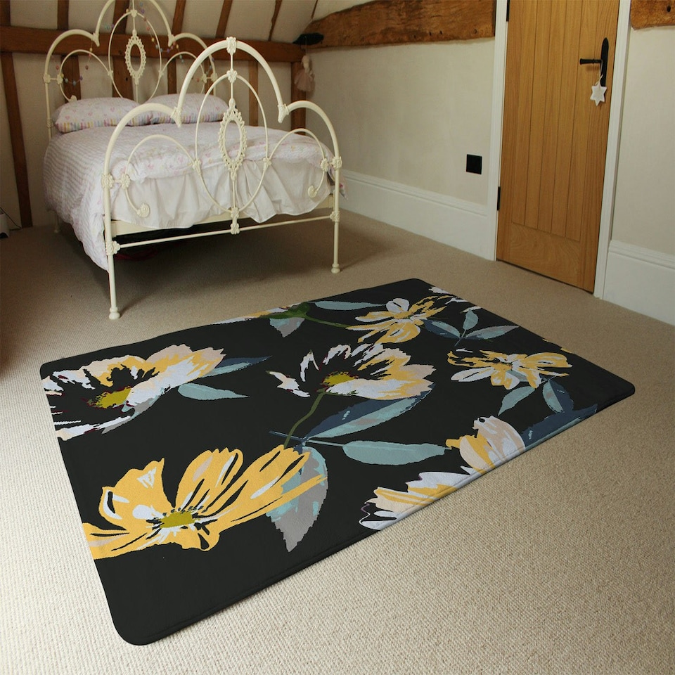image 1 of Yellow Flowers on Green (Rug) Yellow | Large: 140x200cm