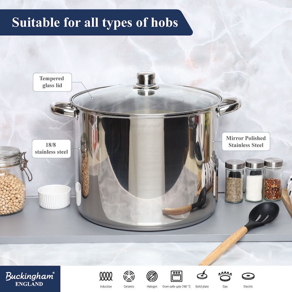 image 1 of Buckingham Deep Stock Pot Stainless Steel with Glass Lid 32 cm , 19 Litre