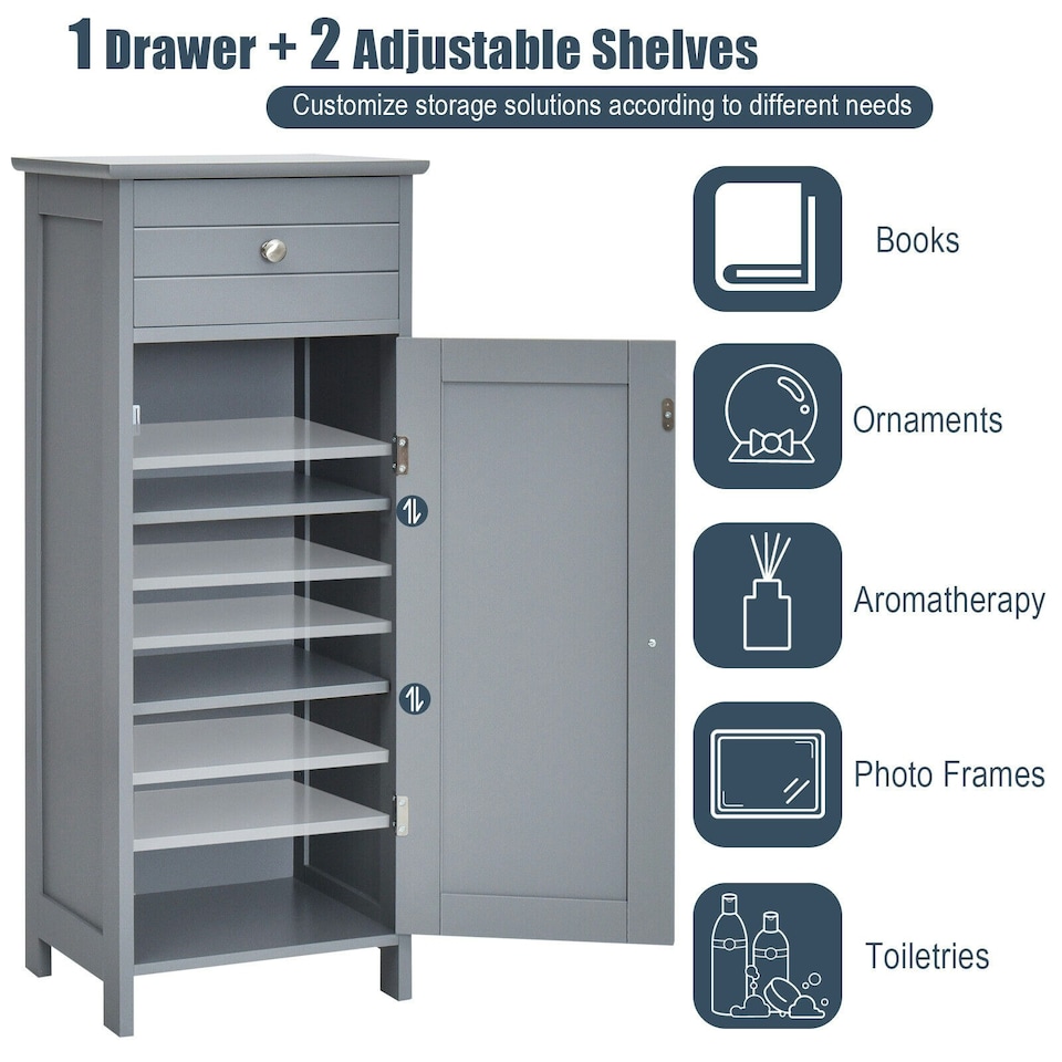 image 1 of COSTWAY Bathroom Storage Cabinet Wooden Cupboard Grey Grey