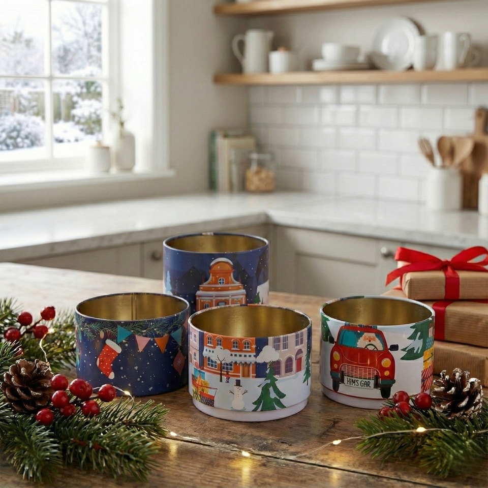 image 1 of Christmas Metal Storage Mini Tins Set Nesting Stacking Containers Festive Design | Multi | Blue