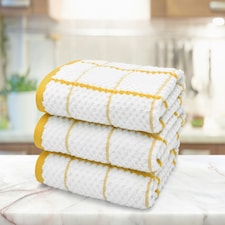 Velosso Embroiderd Woven Checked Cotton Tea Towel 3 Pack Yellow | Yellow | One size