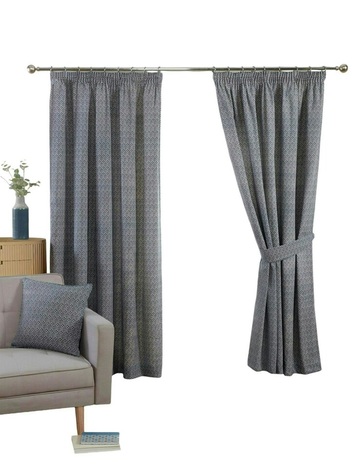image 1 of Aztec Pencil Pleat Curtain Pair - Blue - 229cm x 183cm