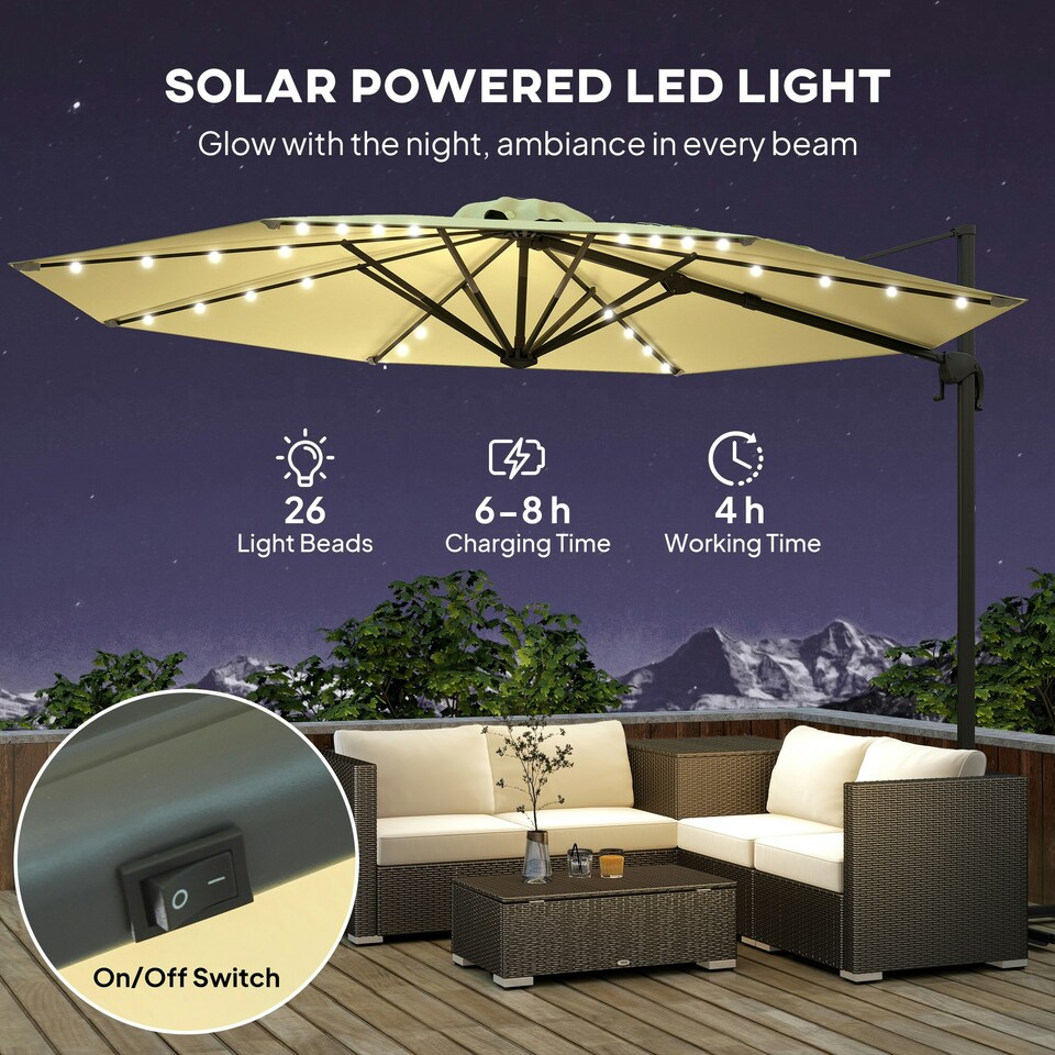 image 1 of Outsunny 3(m) Cantilever Parasol Patio Sun Umbrella w/ Base Solar Lights Beige