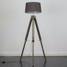 ValueLights Clipper Wood and Silver Chrome Tripod Floor Lamp with Grey Tapered Shade - Complete with 6w LED GLS Bulb In Warm White