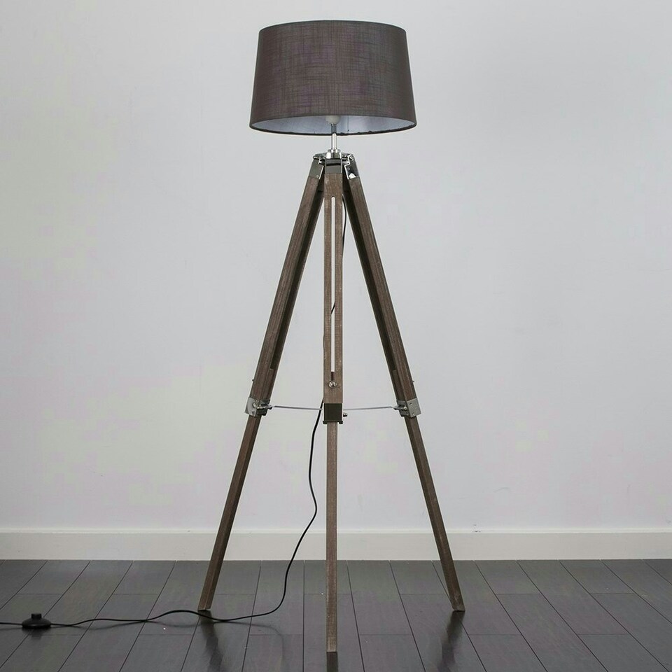 image 1 of ValueLights Clipper Wood and Silver Chrome Tripod Floor Lamp with Grey Tapered Shade - Complete with 6w LED GLS Bulb In Warm White