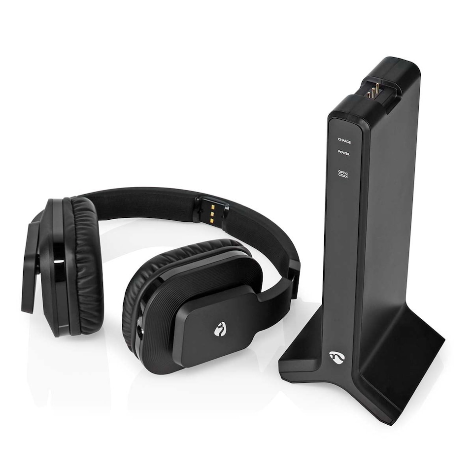 image 1 of Nedis Wireless RF TV Over-Ear TV / Hifi Headphones with Charging Base, 25m Range, Volume Control, Toslink/Coax/RCA/3.5mm Input - Black