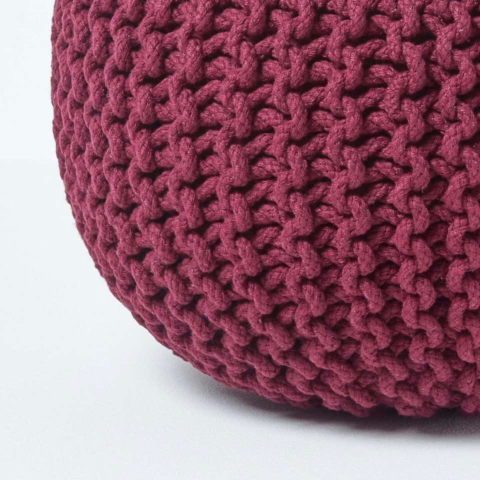 image 1 of Homescapes Plum Round Cotton Knitted Pouffe Footstool - 35 x 40 cm