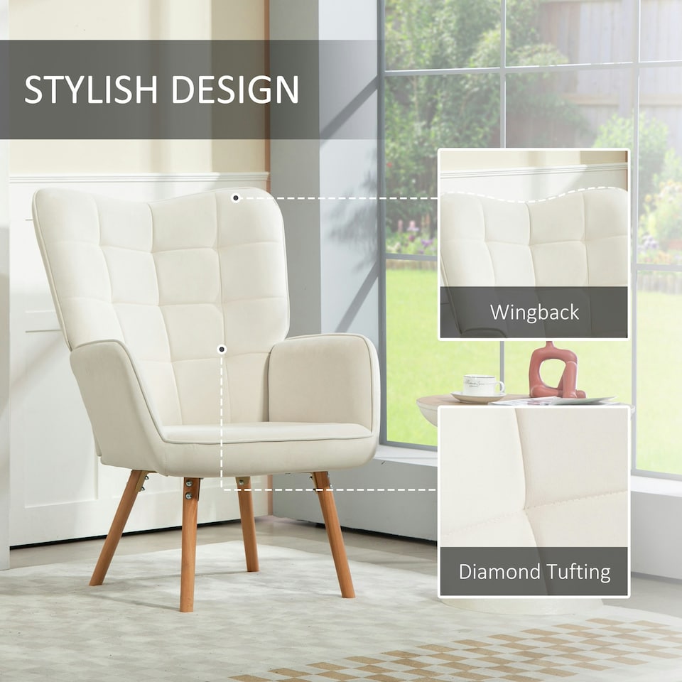 image 1 of HOMCOM Upholstered Tufted Wingback Armchair with Seat Padding, Cream White