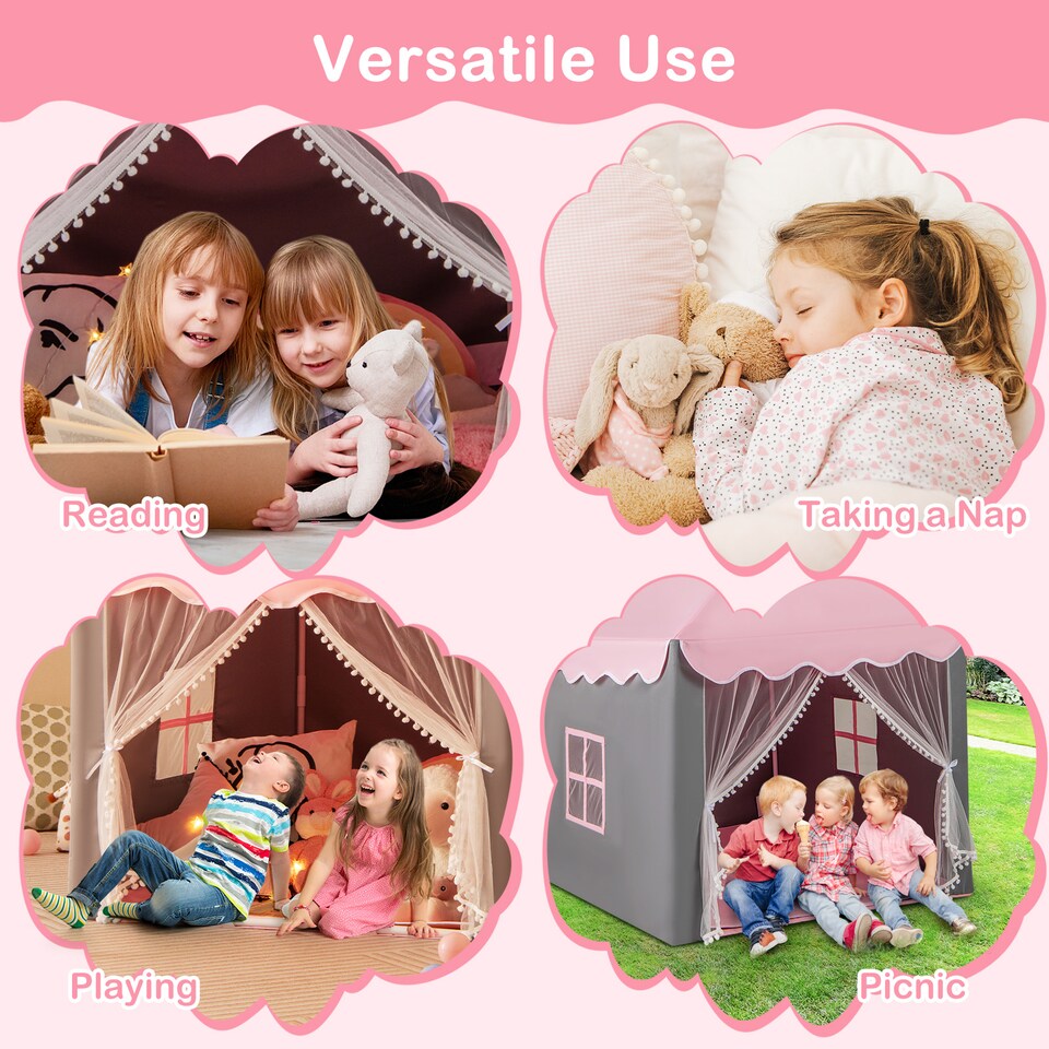 image 1 of COSTWAY Kids Playhouse Tent w/ Washable Mat & Star Lights-Pink