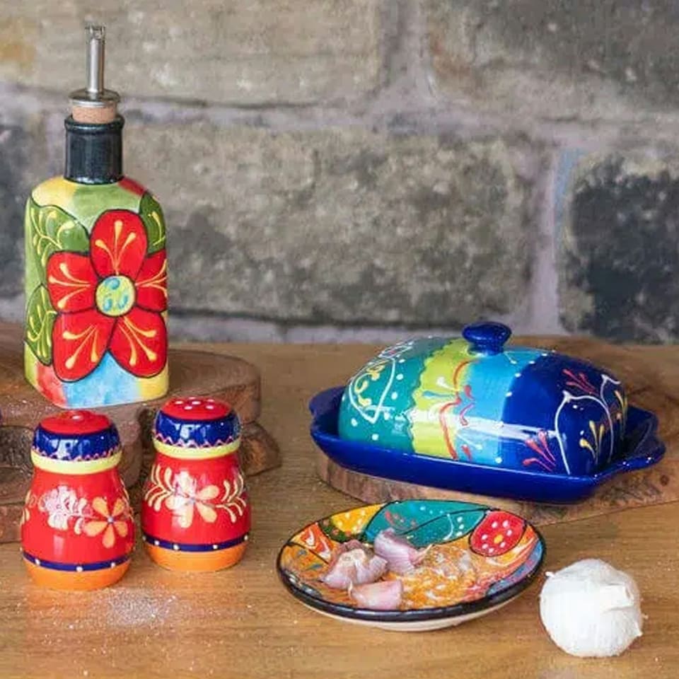 image 1 of Verano Spanish Ceramics Classic Spanish Butter Dish - 19cm L x 12cm W (internal 4cm H) Orange/Green | Multi | Orange/Green